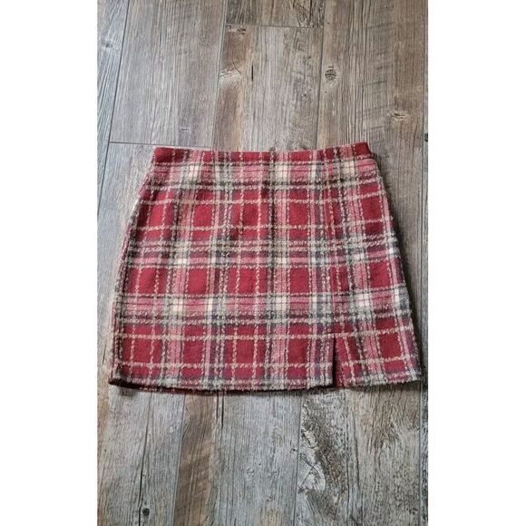 Potter's Pot Wool Blend‎ Skirt Size Large Red Plaid 17" Length Front Slit - Picture 1 of 14